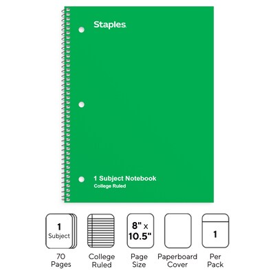 Staples 1-Subject Notebook, 8" x 10.5", College Ruled, 70 Sheets, Green (TR27502)