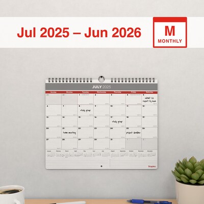 2025-2026 Staples 15 x 12 Academic Monthly Calendar, Gray/Red (ST62816-25)