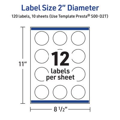 Avery Laser/Inkjet Circle Multipurpose Labels, 2" Dia., White, 120/Pack (S00-D2T)
