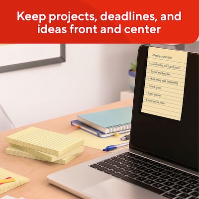 Staples Recycled Sticky Notes, 4" x 6", Sunshine Collection, Lined, 100 Sheets/Pad, 5 Pads/Pack (S46YR/552572)