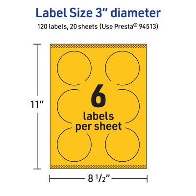 Avery Laser/Inkjet Round Multipurpose Labels, 3" Dia., Bright Yellow, 120/Pack (94513)