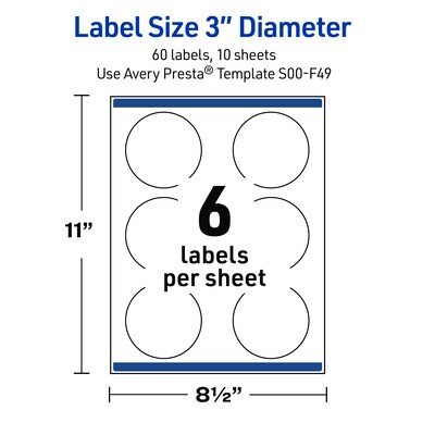Avery Laser/Inkjet Circle Multipurpose Labels, 3" Dia., White, 60/Pack (S00F49)