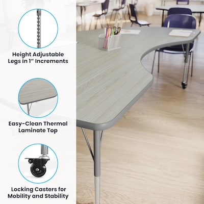Flash Furniture Wren Kidney Activity Table, 96" x 48", Height Adjustable, Light Gray Top/Silver Frame (XUA4896KDLGTAC)
