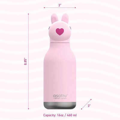 ASOBU Bestie Bottle Bunny Vacuum Insulated Stainless Steel Water Bottle with Reusable Flexi Straw, 16 oz., Pink (SBV44BU)
