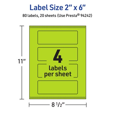 Avery Laser/Inkjet Multipurpose Rectangle Labels, 2" x 6", Bright Green, 80/Pack (94242)