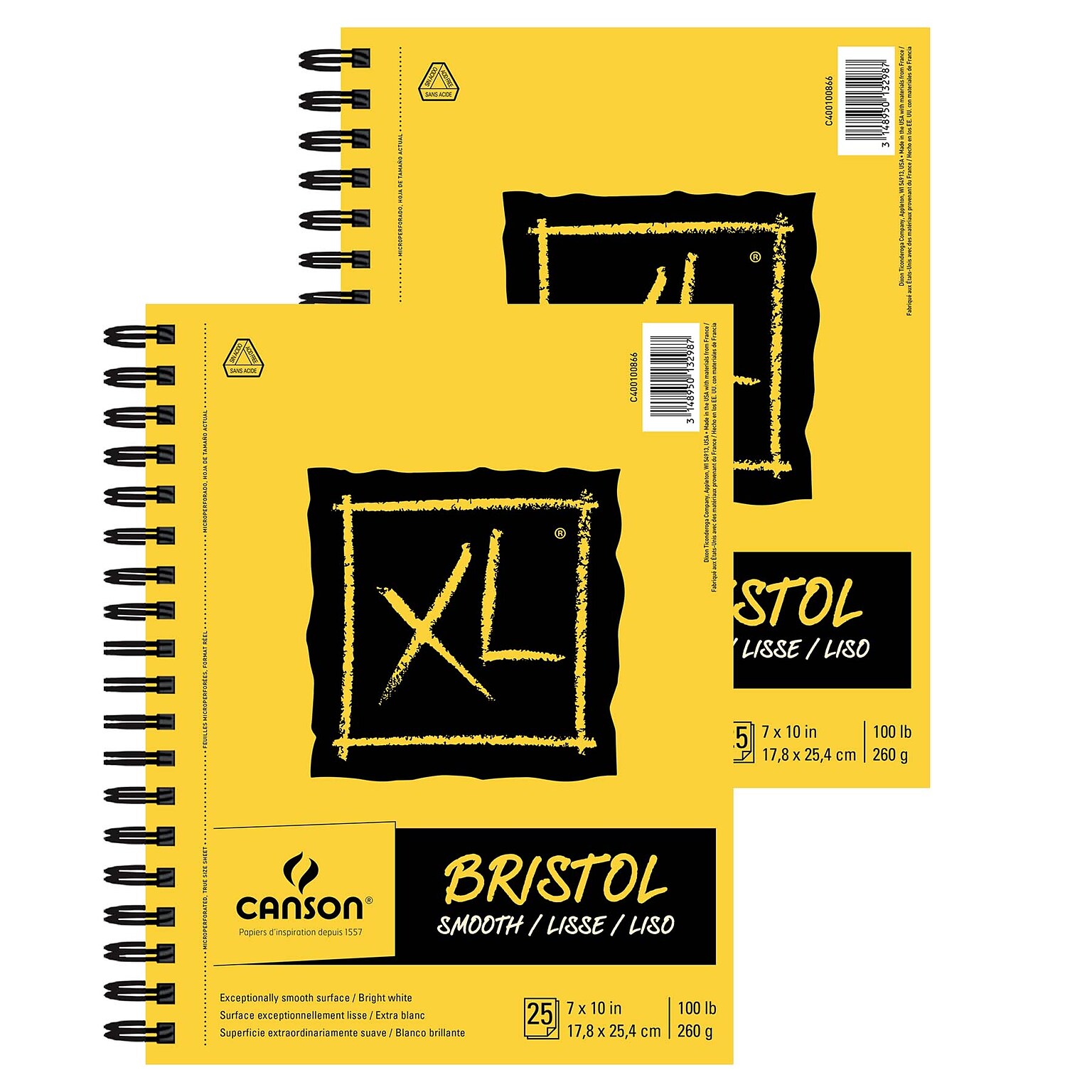 Canson XL Series 7 x 10 Wire Bound Bristol Sketch Pad, 25 Sheets/Pad, 2/Bundle (MCXC400100866-2)