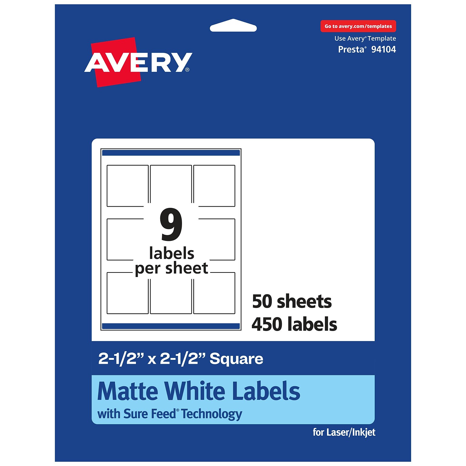 Avery Laser/Inkjet Square Multipurpose Labels, 2.5 x 2.5, Matte White, 450 Labels/Box (94104)