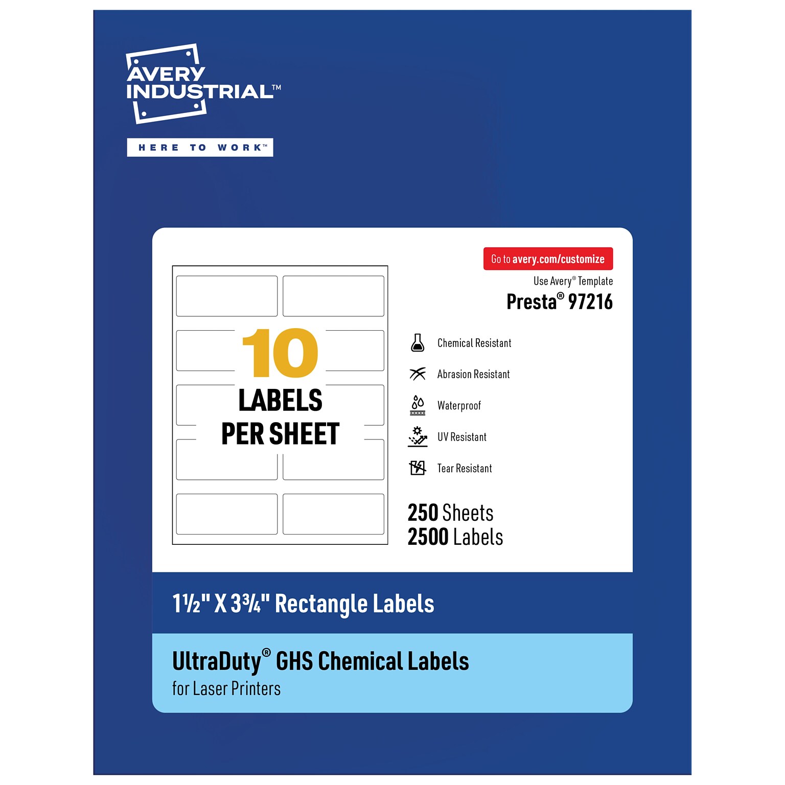 Avery UltraDuty GHS Rectangle Multipurpose Labels, 1-1/2 x 3-3/4, White, 2500/Box (97216)