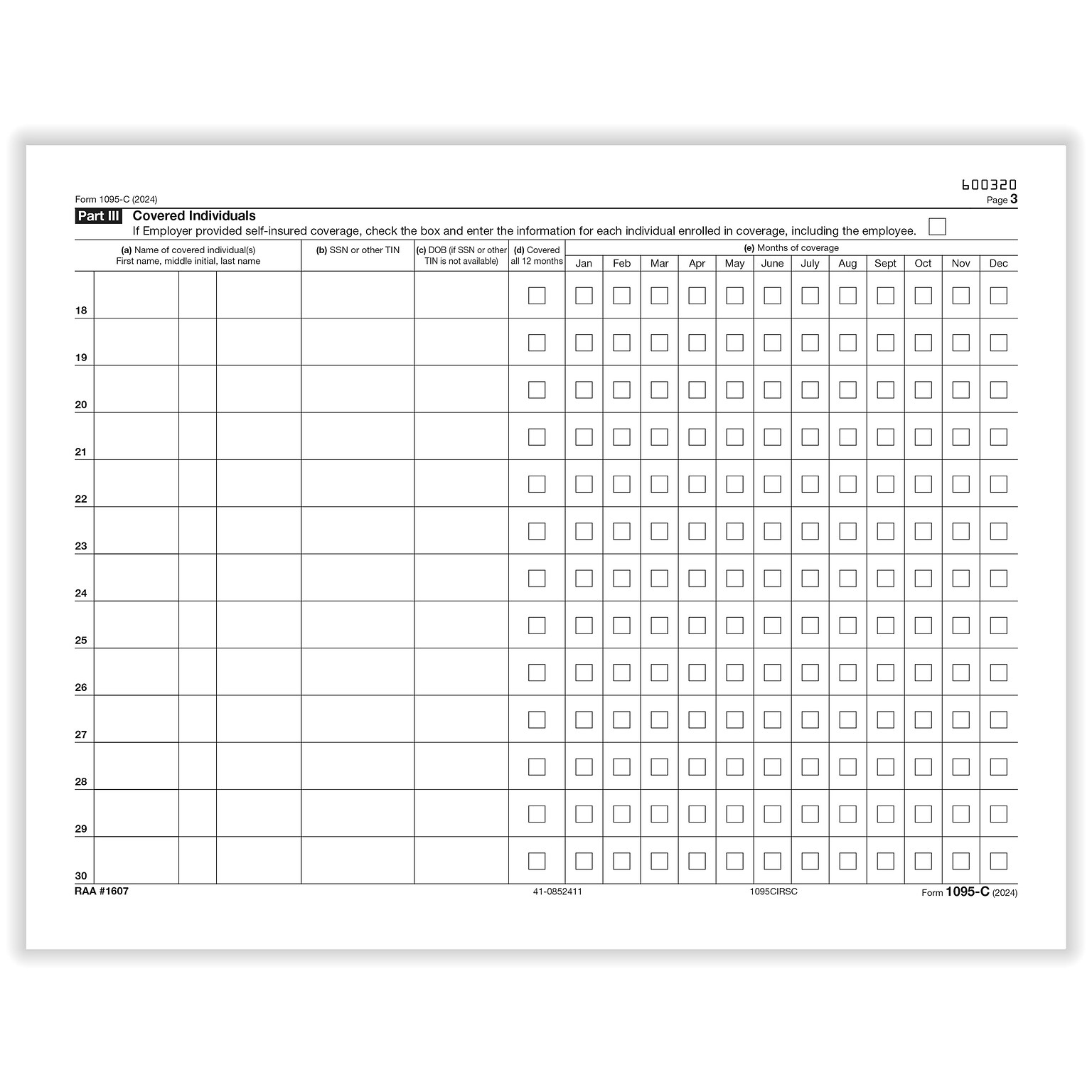 ComplyRight 2024 1095-C Tax Form, 1-Part, White/Black, 25/Pack (1095CIRSC25)