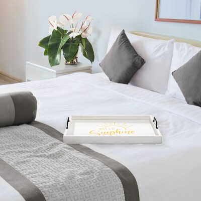 Elegant Designs "Hello Sunshine" Decorative Wood Serving Tray w/ Handles, 15.50" x 12", White Wash (HG2000-WHS)