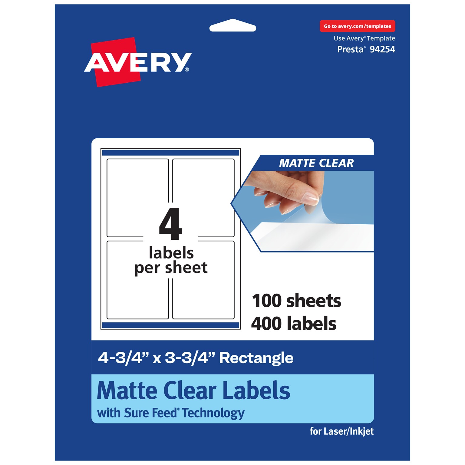 Avery Laser/Inkjet Rectangle Multipurpose Labels, 4-3/4 x 3-3/4, Clear, 400/Box (94254)