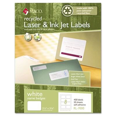 Recycled Laser/Inkjet Name Badge Labels, Self-Adhesive, 2 1/3 x 3 3/8, 400/Box