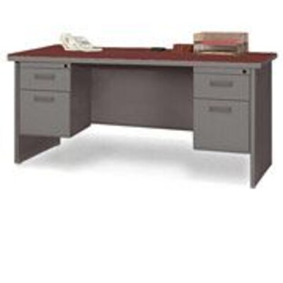 Lorell 67000 Series in Cherry/Charcoal, 60W x 30D Double Pedestal Desk