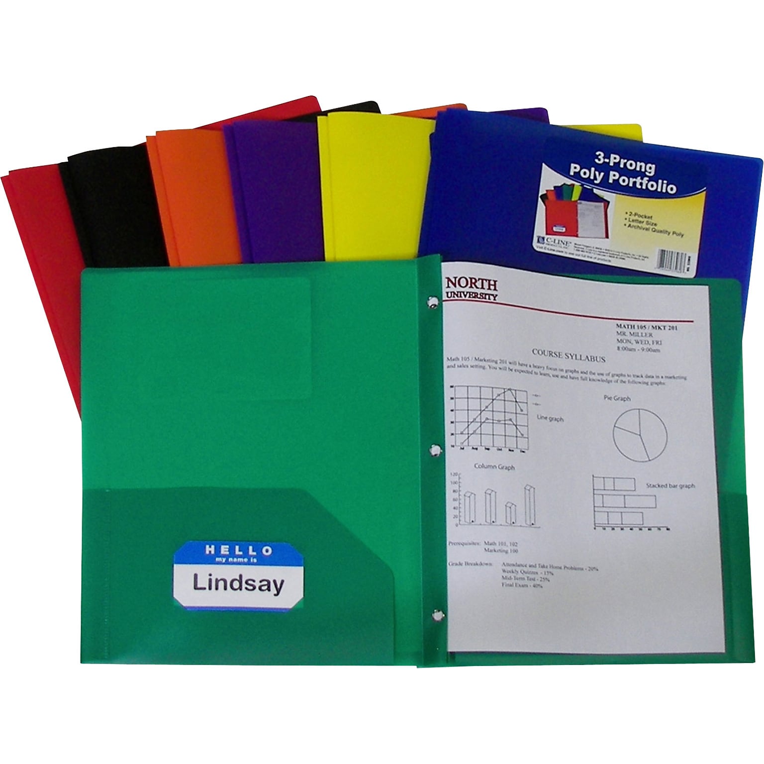 C-Line Two-Pocket Heavyweight 3-Prong Portfolio Folder, Assorted Colors, Pack of 36 (CLI33960)