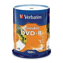 Verbatim® 4.7GB 16X Inkjet Printable DVD-R; Spindle, 100/Pack