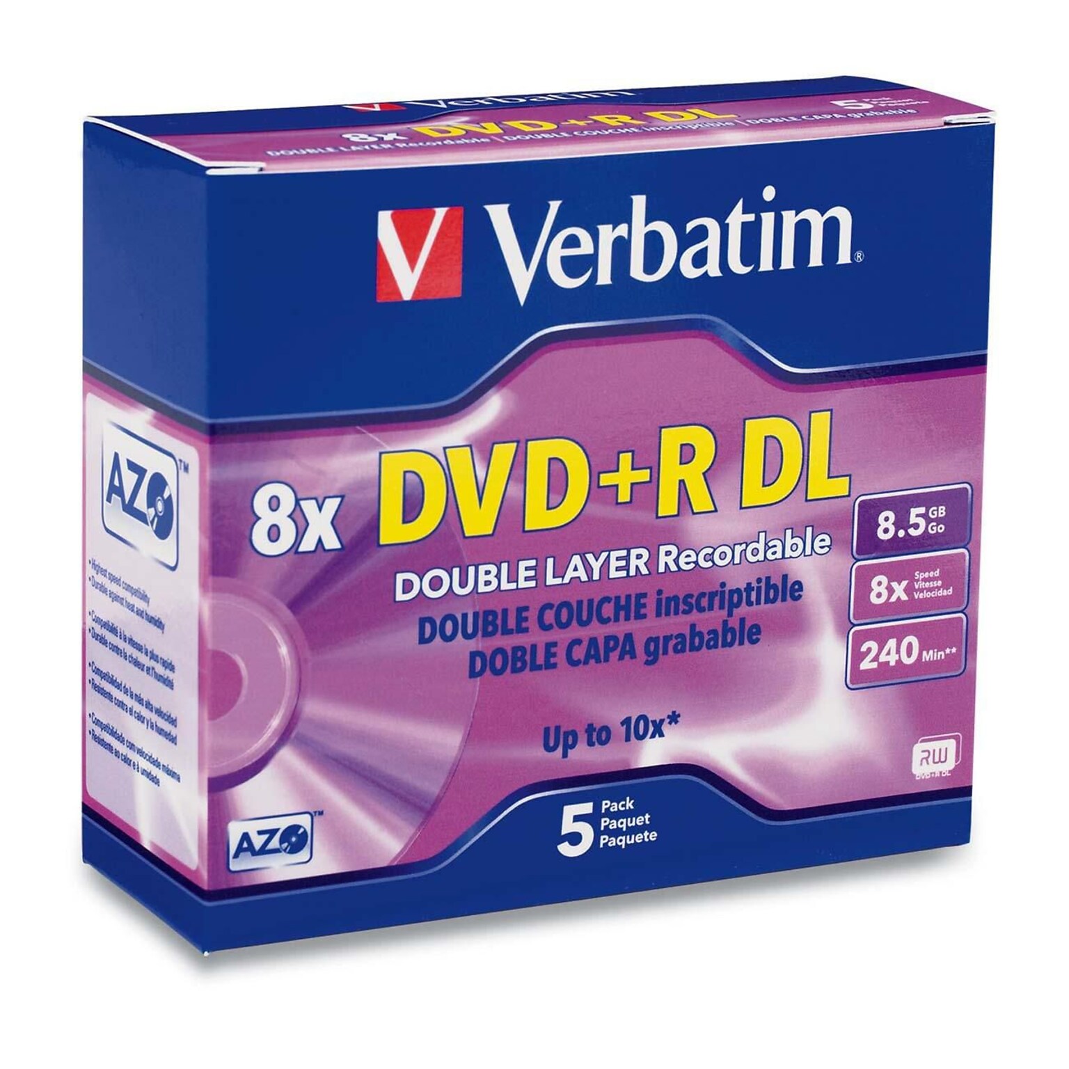 Verbatim® AZO™ 8.5GB Dual Layer DVD+R; Slim Case, 5/Pack