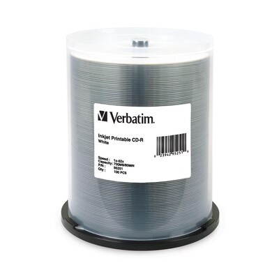 Verbatim® 700MB White Inkjet Printable CD-R; Spindle, 100/Pack