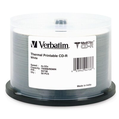 Verbatim® MediDisc 700MB White Thermal Printable CD-R; Spindle, 50/Pack