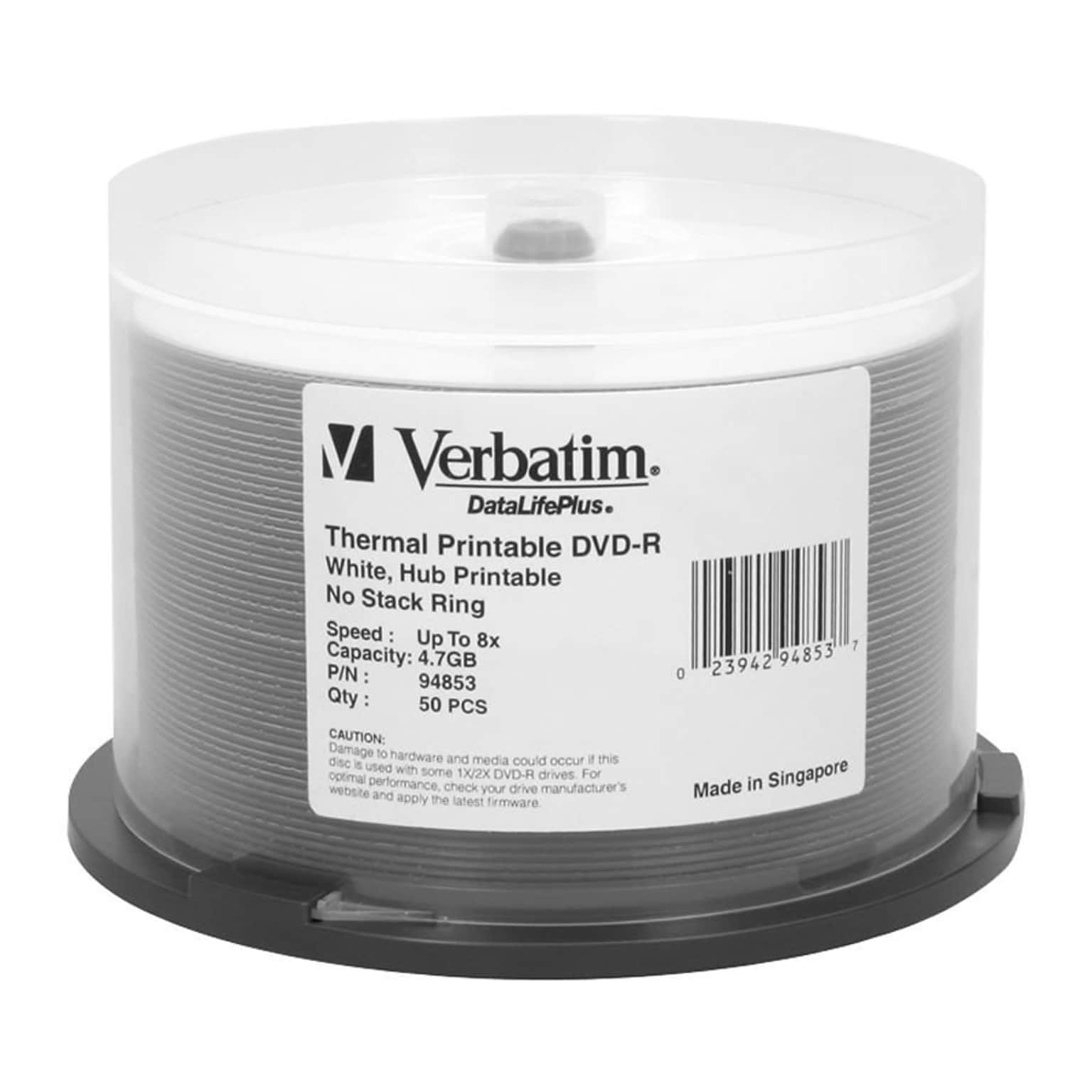 Verbatim® DataLifePlus 4.7GB 8X White Thermal Hub Printable DVD-R; Spindle, 50/Pack