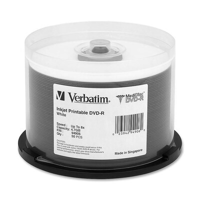Verbatim® MediDisc 4.7GB 8X Inkjet Printable DVD-R; Spindle, 50/Pack
