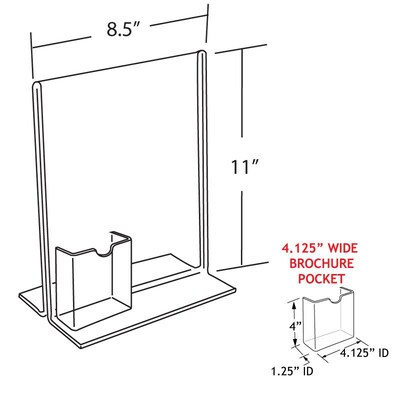 Azar® 11 x 8 1/2 Vertical Double Sided Stand Up Acrylic Sign Holder with Brochure Pocket, Clear, 1