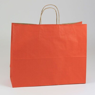 Shamrock 13" x 16" x 6" Shadow Stripe Kraft Paper Jaguar Shopping Bags; Terra Cotta Orange, 250/CT