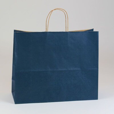 Shamrock 16" x 6" x 13" Shadow Stripe Kraft Paper Jaguar Shopping Bags; Navy Blue, 250/Carton