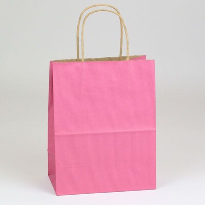 Shamrock 8" x 4 3/4" x 10 1/2" Shadow Stripe Kraft Paper Chimp Shopping Bags; Lipstick Pink, 250/CT