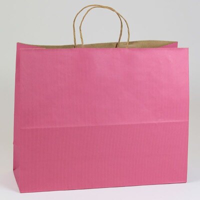 Shamrock 16" x 6" x 13" Shadow Stripe Kraft Paper Jaguar Shopping Bags; Lipstick Pink, 250/Carton