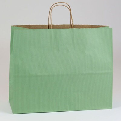 Shamrock 16" x 6" x 13" Shadow Stripe Kraft Paper Jaguar Shopping Bags; Sage Green, 250/Carton
