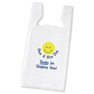 Bags & Bows® 23 x 11 1/2 x 7 Smiley Pre-Printed T-Shirt Bags, White, 1000/Pack