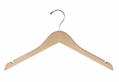 NAHANCO 17 Wood Flat Dress Hanger With Notches, Chrome Hook, Natural, 100/Pack