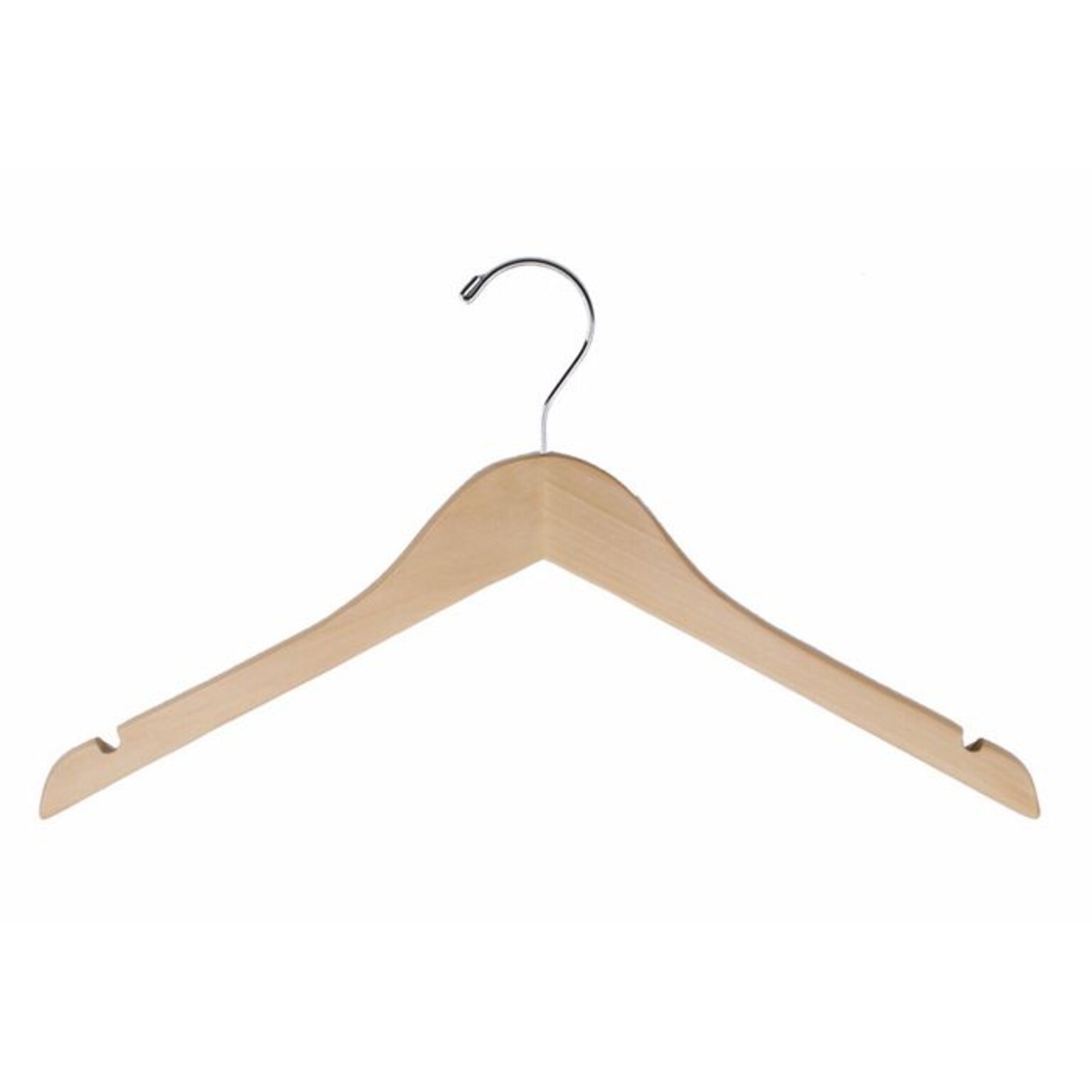 NAHANCO 17 Wood Flat Dress Hanger With Notches, Chrome Hook, Natural, 100/Pack
