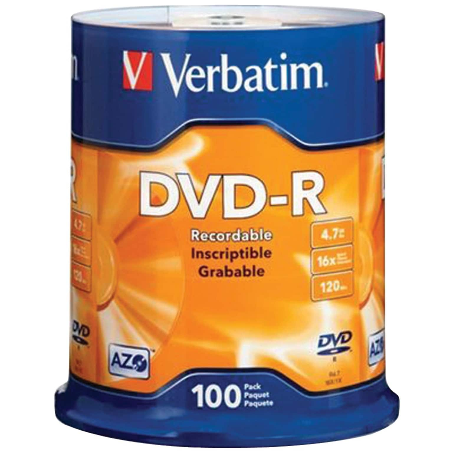 Verbatim® 95102 4.7GB 16X 120 min storage capacity DVD-RS; 100-ct Spindle