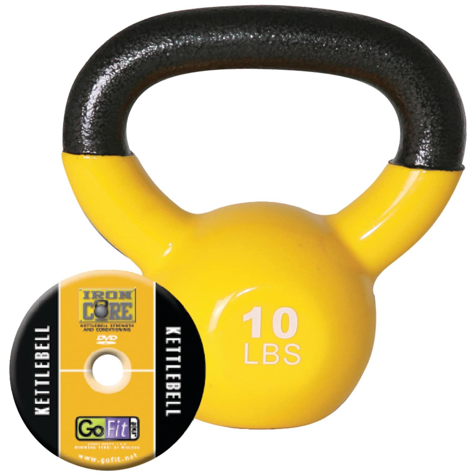 Gofit GF-KBELL10 Vinyl-Dipped Kettelbell And Iron Core Training DVD; Yellow