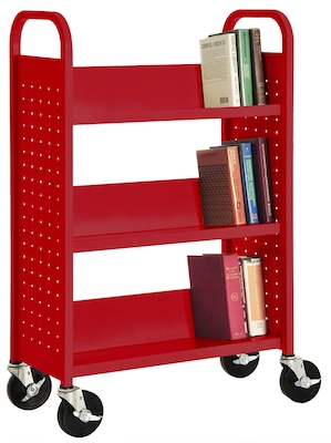 Sandusky® 46H x 18W x 14D Steel Single Sided Sloped Book Truck, 3 Shelf, Red