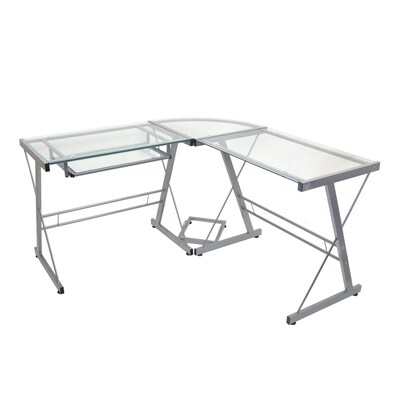Walker Edison 3-Piece Glass L-Shaped Contemporary Desk, Silver