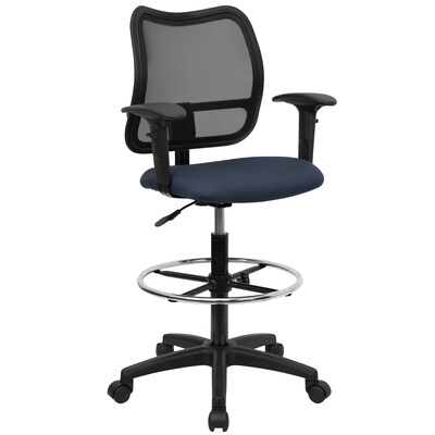 Flash Furniture Mid-Back Mesh Drafting Stool With Fabric Seat and Arms, Navy Blue