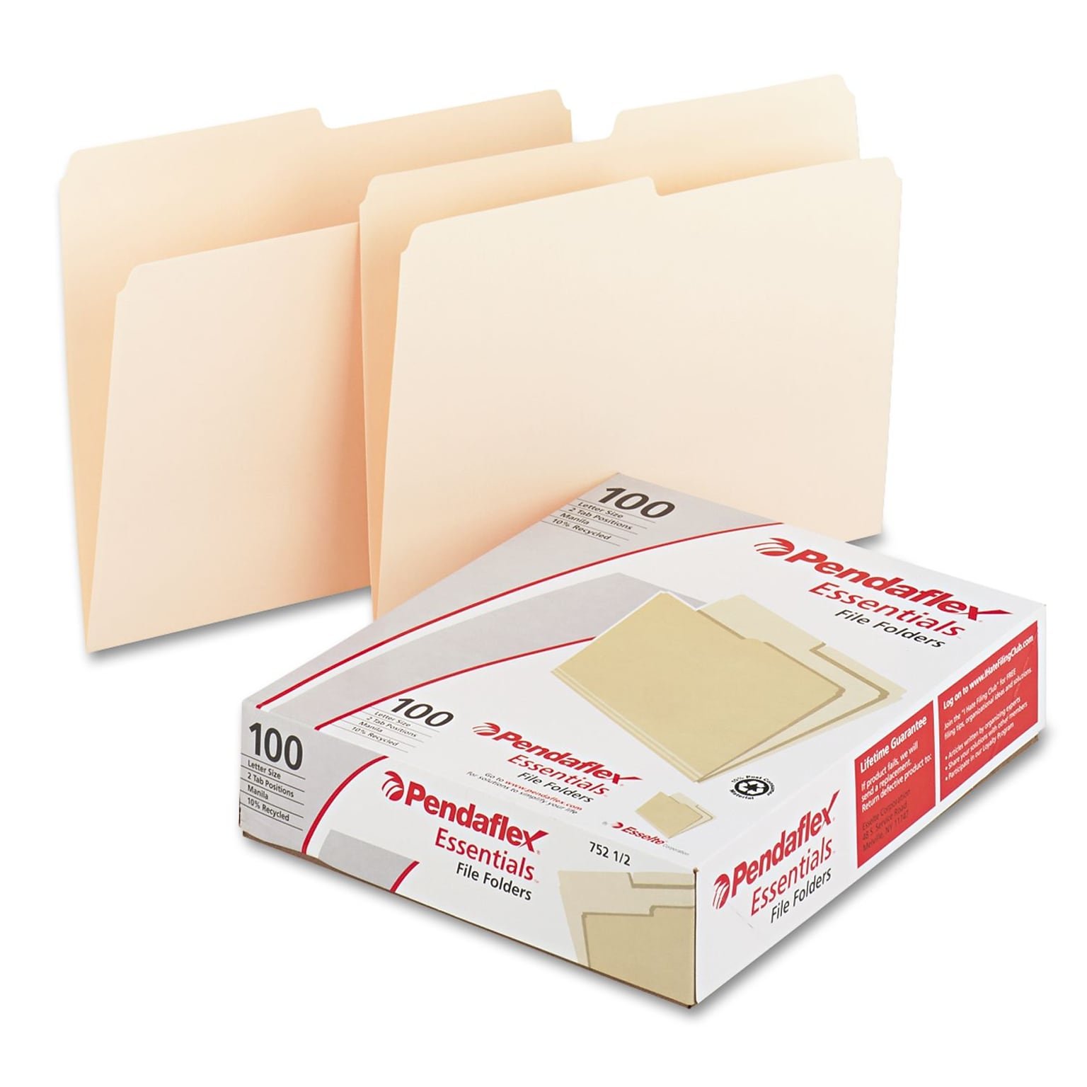 Pendaflex Recycled File Folder, 2/5-Cut Tab, Assorted, Letter Size, Manila, 100/Box (752 1/2)