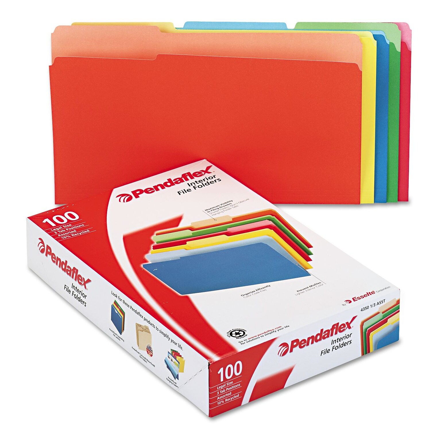 Pendaflex Interior File Folders, 1/3-Cut Tab, Legal, Bright Assorted, 100/Box