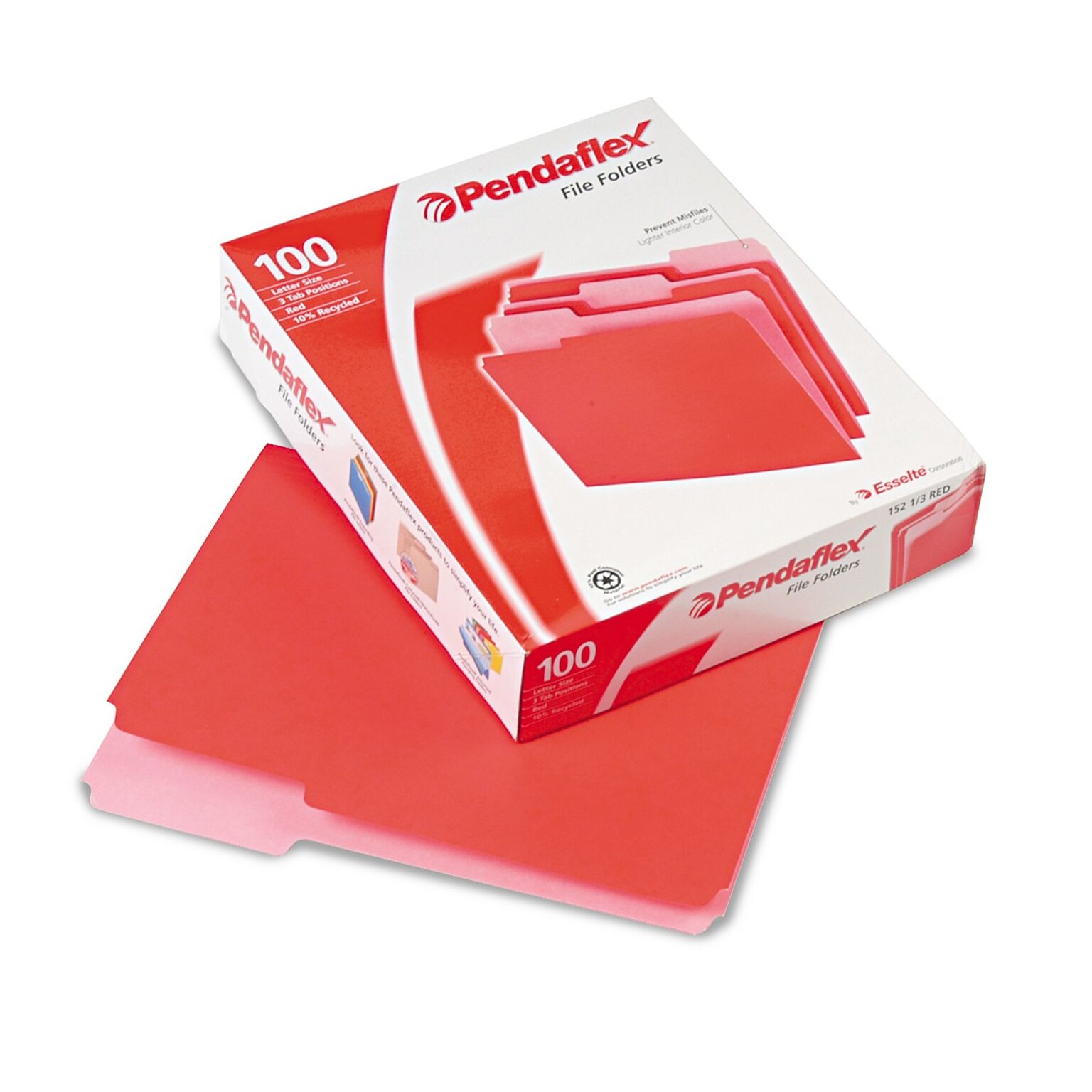 Pendaflex Recycled File Folder, 1/3-Cut Tab, Assorted, Letter Size, Red, 100/Box (152 1/3 RED)