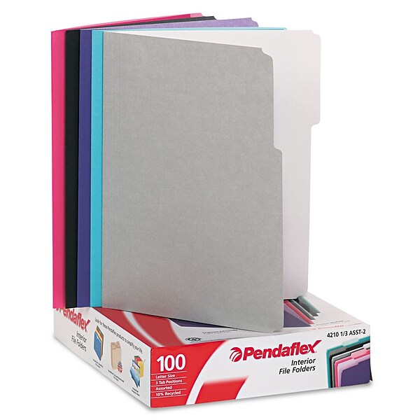 Pendaflex Interior File Folders, 1/3 Cut Top Tab, Letter, Pastel Assortment, 100/Box