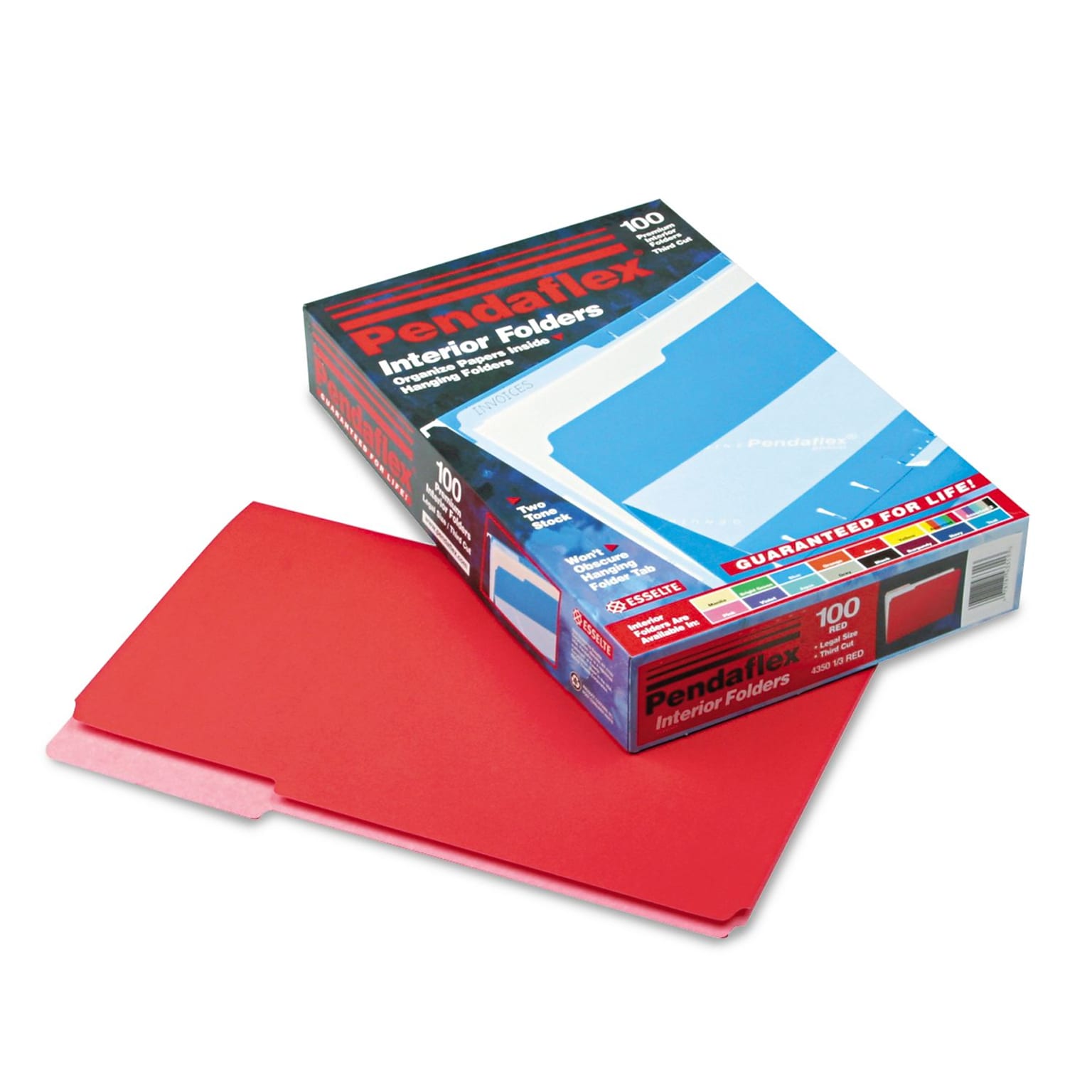 Pendaflex Interior File Folders, 1/3 Cut Top Tab, Legal, Red, 100/Box