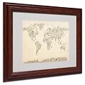 Michael Tompsett World Map-Music Notes Framed Matted Art - 11x14 Inches - Wood Frame