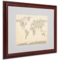 Michael Tompsett World Map-Music Notes Framed Matted Art - 16x20 Inches - Wood Frame