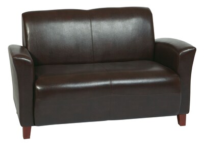 Office Star OSP Designs Eco Leather Love Seat With Cherry Finish Legs, Mocha