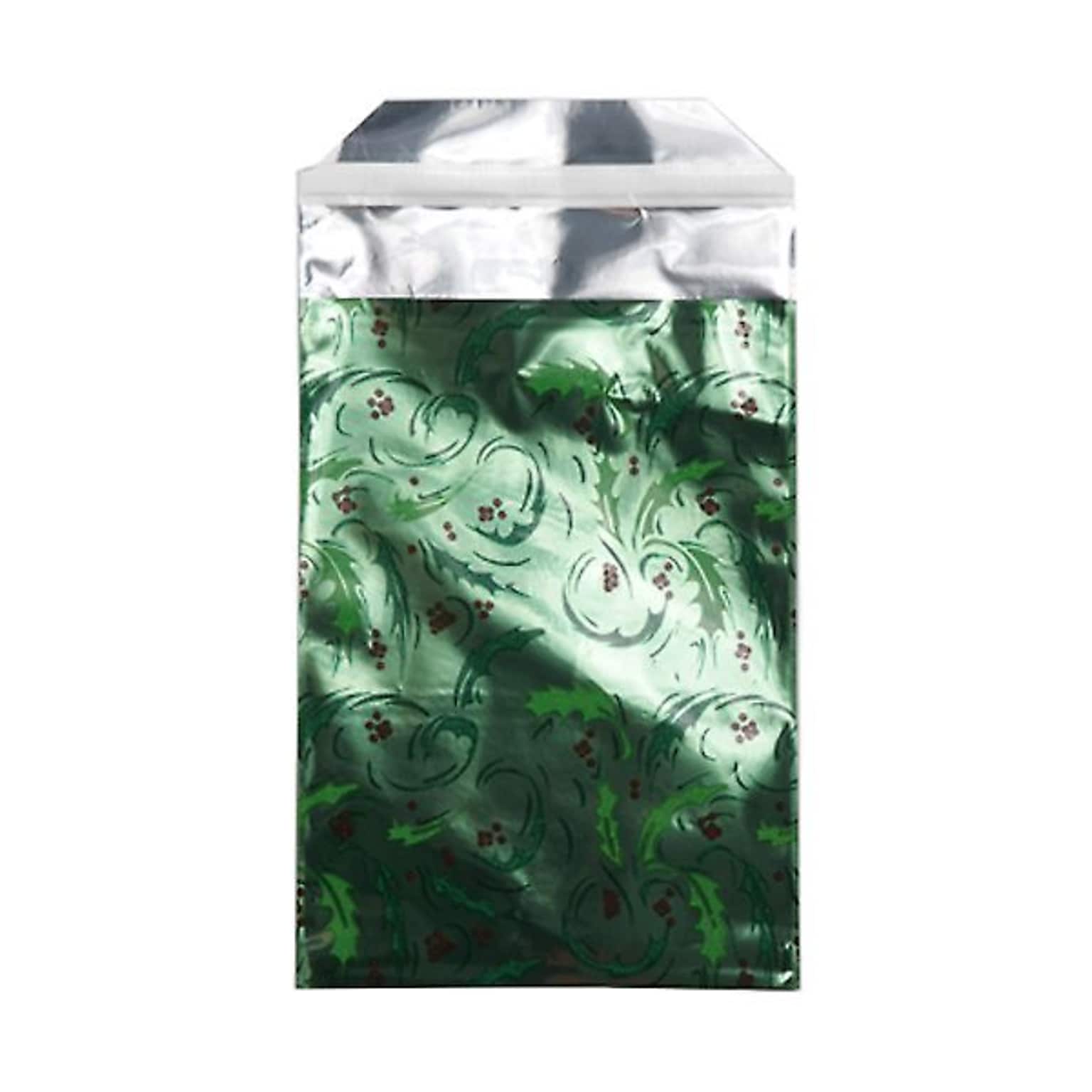 JAM Paper Foil Envelopes with Peel & Seal Closure, 7 x 9.5, Open End, Christmas Green Mistletoe, 100/pack (01323317B)