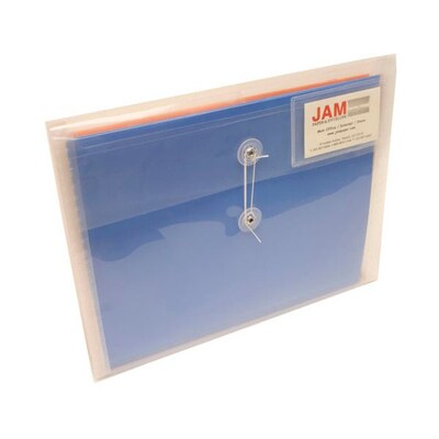 JAM Paper® Plastic 2 Divider Envelopes, Button String Tie Closure, Letter Booklet, 10.5 x 11.75 x1.5, Clear Poly, 12/pk (JSF228)