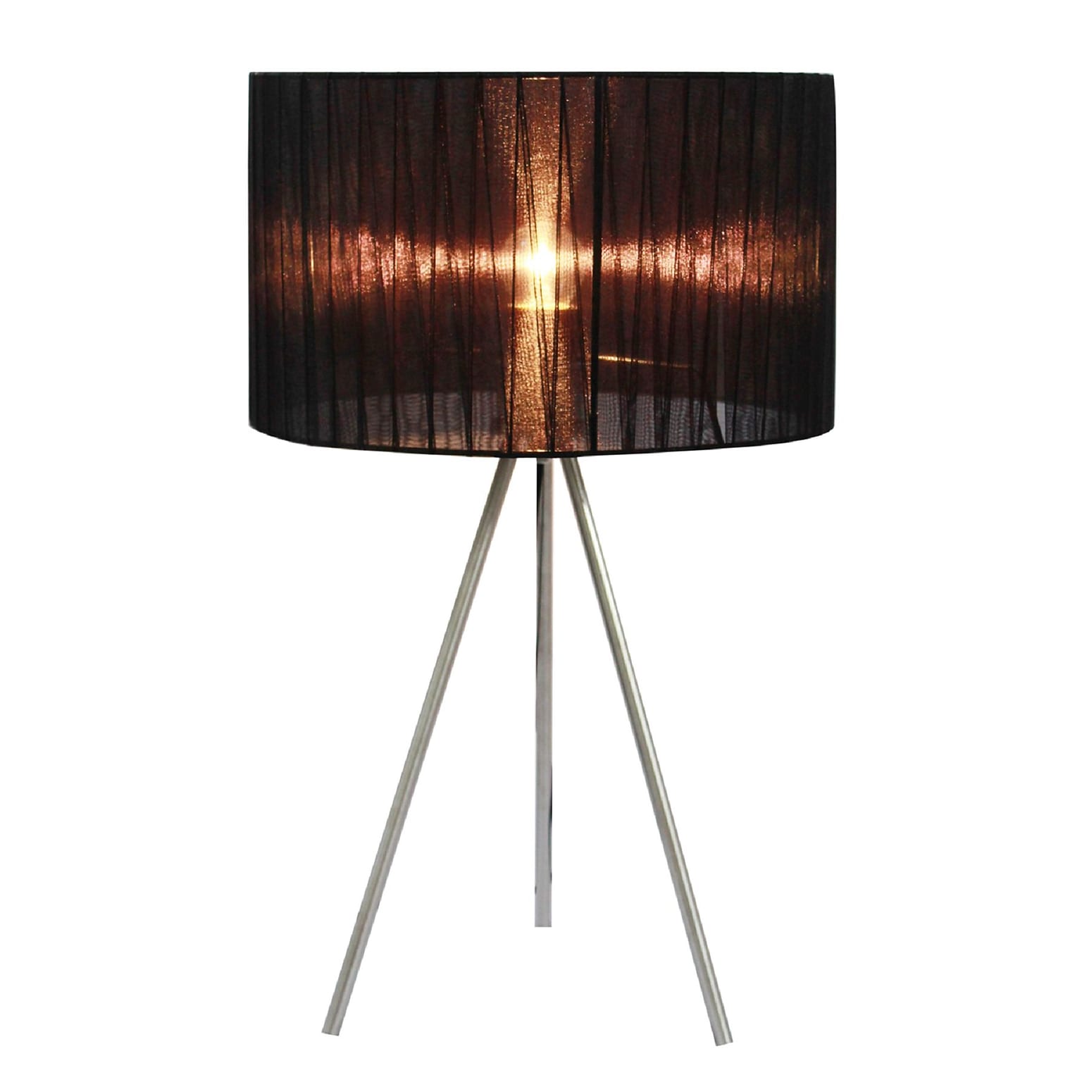 Simple Designs Black Sheer Silk Band Tripod Table Lamp, Brushed Nickel Finish