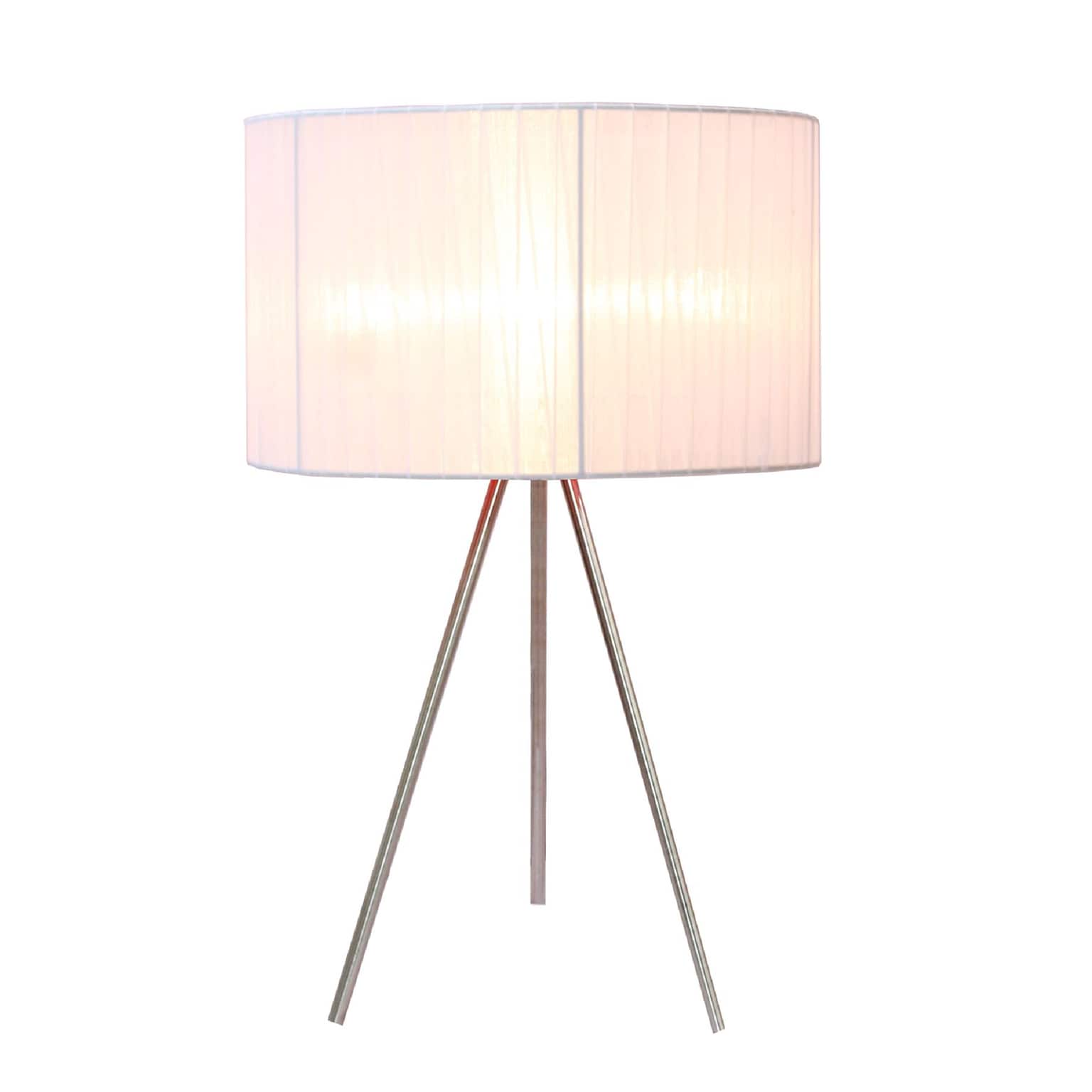 Simple Designs White Sheer Silk Band Tripod Table Lamp, Brushed Nickel Finish
